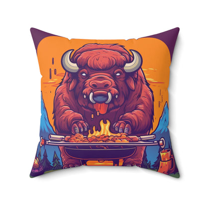 American Bison Grill Cook Food Buffalo Graphic Spun Polyester Square Pillow