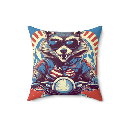 Raccoon Motorcycle Bike Rider Furry Animal Graphic Spun Polyester Square Pillow