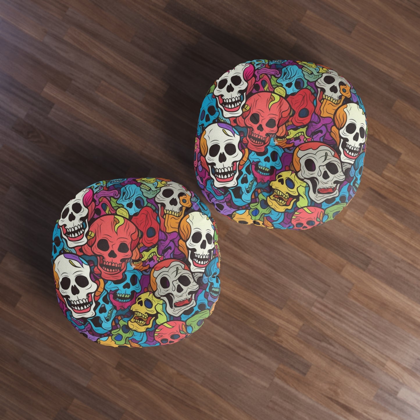 Psychedelic Rainbow Skull Head Pattern, Vibrant Colors - Tufted Floor Pillow, Round