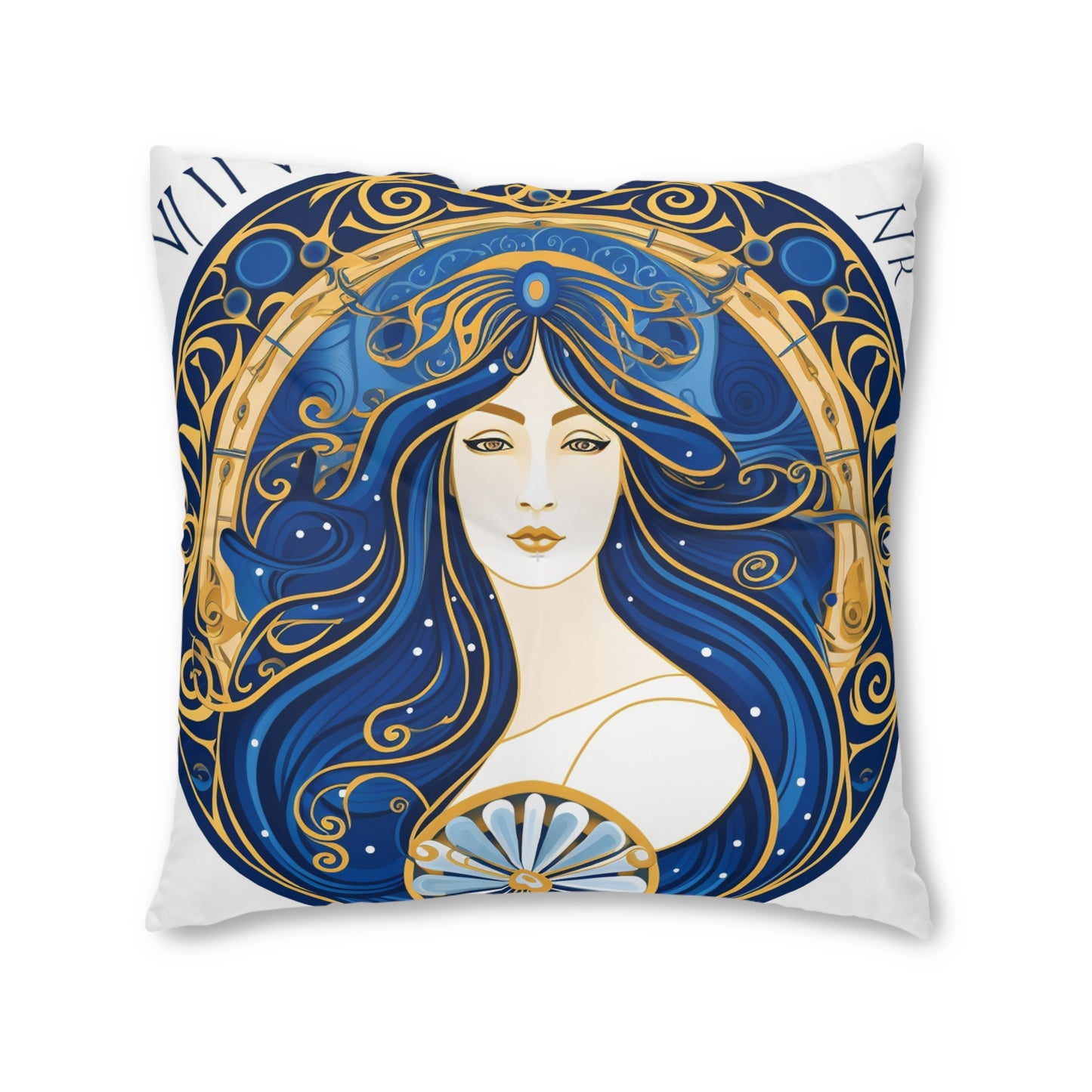 Virgo Zodiac Circular Symmetry in Gold Royal Blue - Tufted Floor Pillow, Square