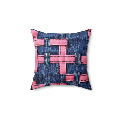 Candy-Striped Crossover: Pink Denim Ribbons Dancing on Blue Stage - Spun Polyester Square Pillow