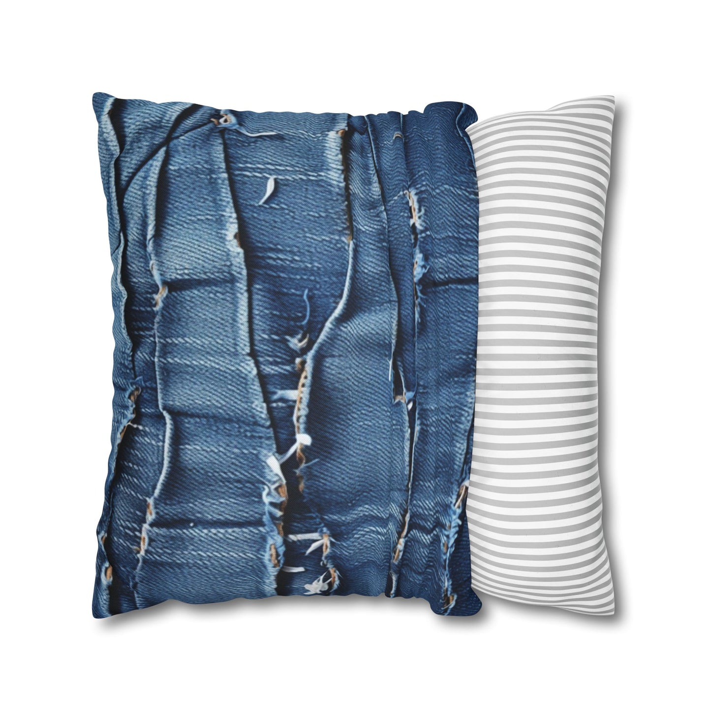 Midnight Blue Distressed Denim: Rugged, Torn & Stylish Design - Spun Polyester Square Pillow Case