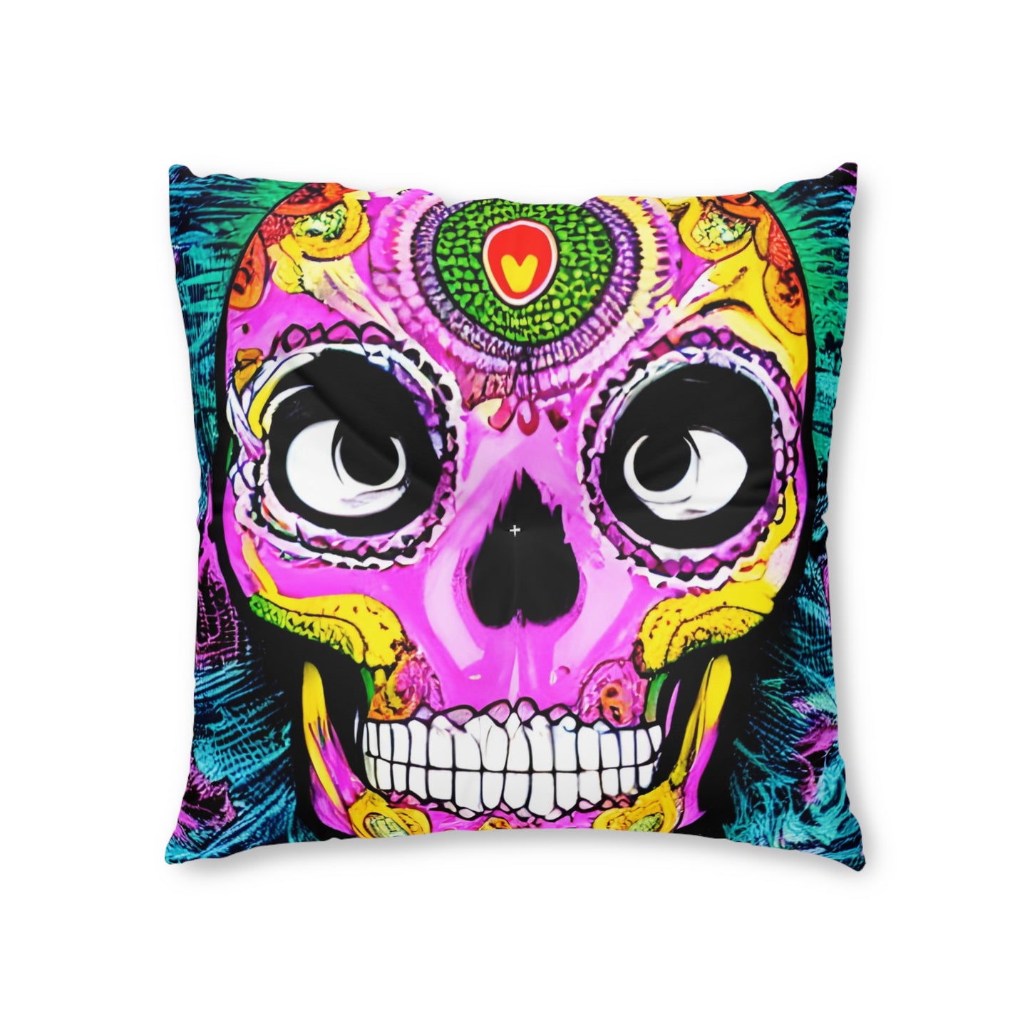 Trippy psychedelic Skull Skeleton Head Face Tufted Floor Pillow, Square