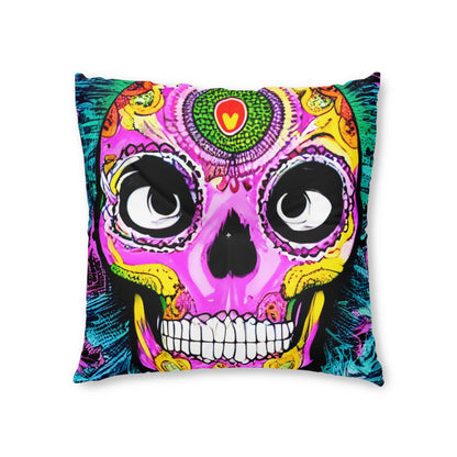 Trippy psychedelic Skull Skeleton Head Face Tufted Floor Pillow, Square