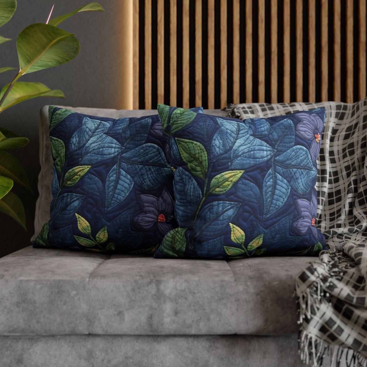 Floral Embroidery Blue: Denim-Inspired, Artisan-Crafted Flower Design - Spun Polyester Square Pillow Case