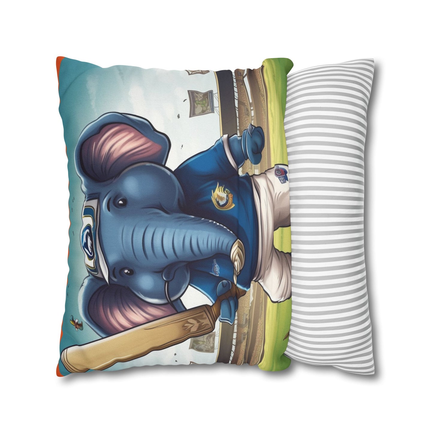 India Elephant Cricket Sport Star: Pitch, Run, Stump Game - Animated Charm - Spun Polyester Square Pillow Case