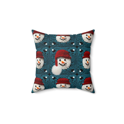 Snowman Crochet Craft, Festive Yuletide Cheer, Winter Wonderland - Spun Polyester Square Pillow