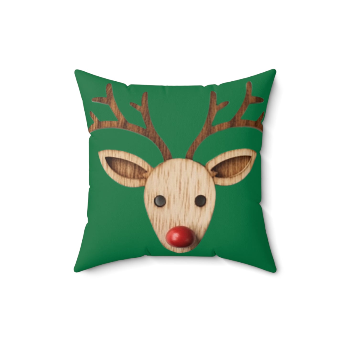 Red Reindeer Nose Christmas Classic Winter Season - Green - Spun Polyester Square Pillow