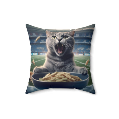 Halftime Football Feline: Screaming Sports Fan Cat Stadium Food Kitten - Spun Polyester Square Pillow