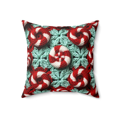 Christmas Crochet Candy Cane - Pepper Red Crystal White Holiday Pattern - Spun Polyester Square Pillow