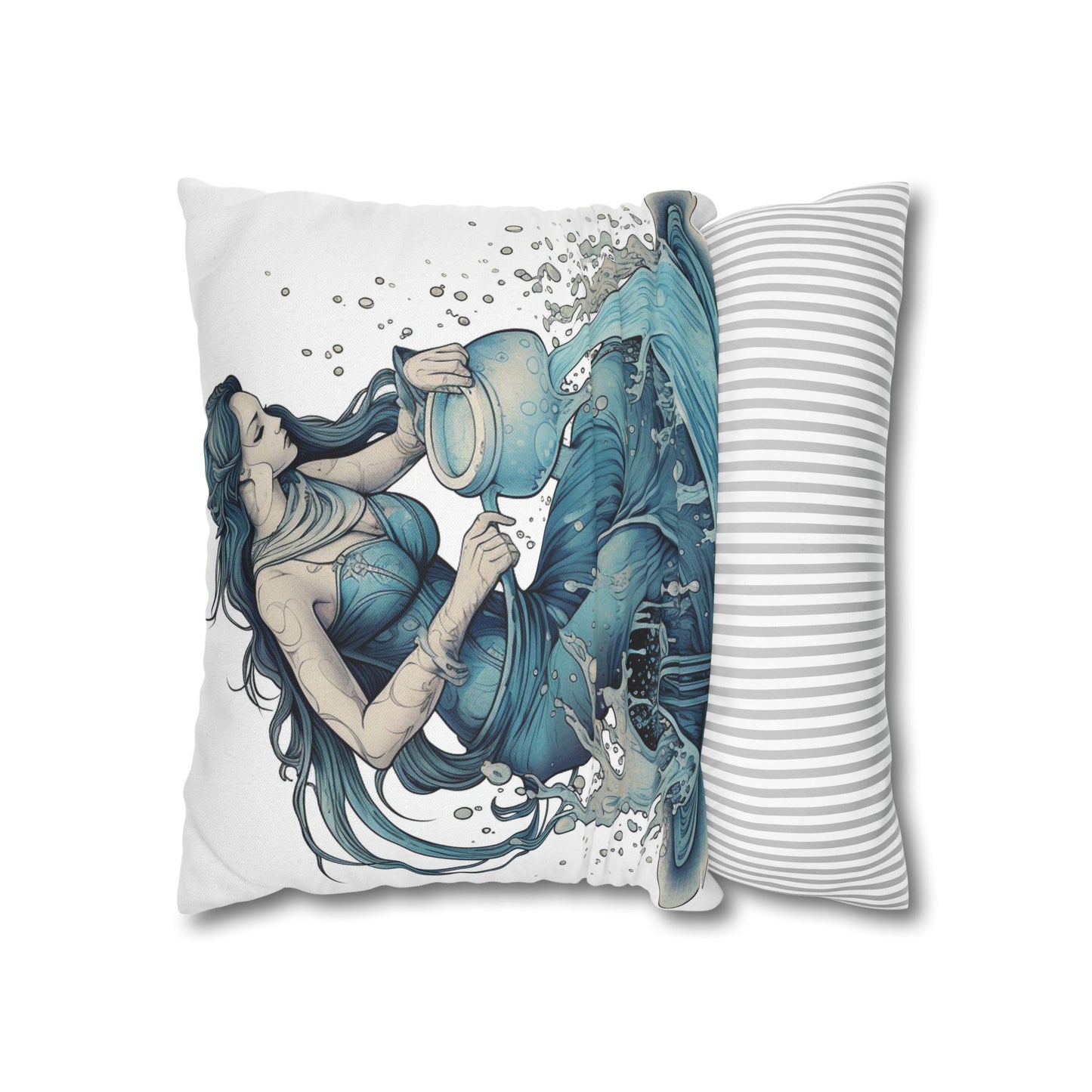 Aquarius Zodiac Symbol - Girl Pouring Water, Hand-Drawn Style - Spun Polyester Square Pillow Case