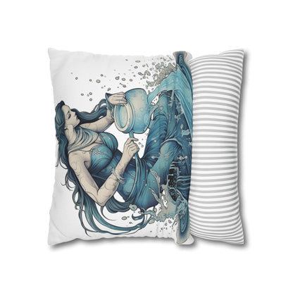 Aquarius Zodiac Symbol - Girl Pouring Water, Hand-Drawn Style - Spun Polyester Square Pillow Case