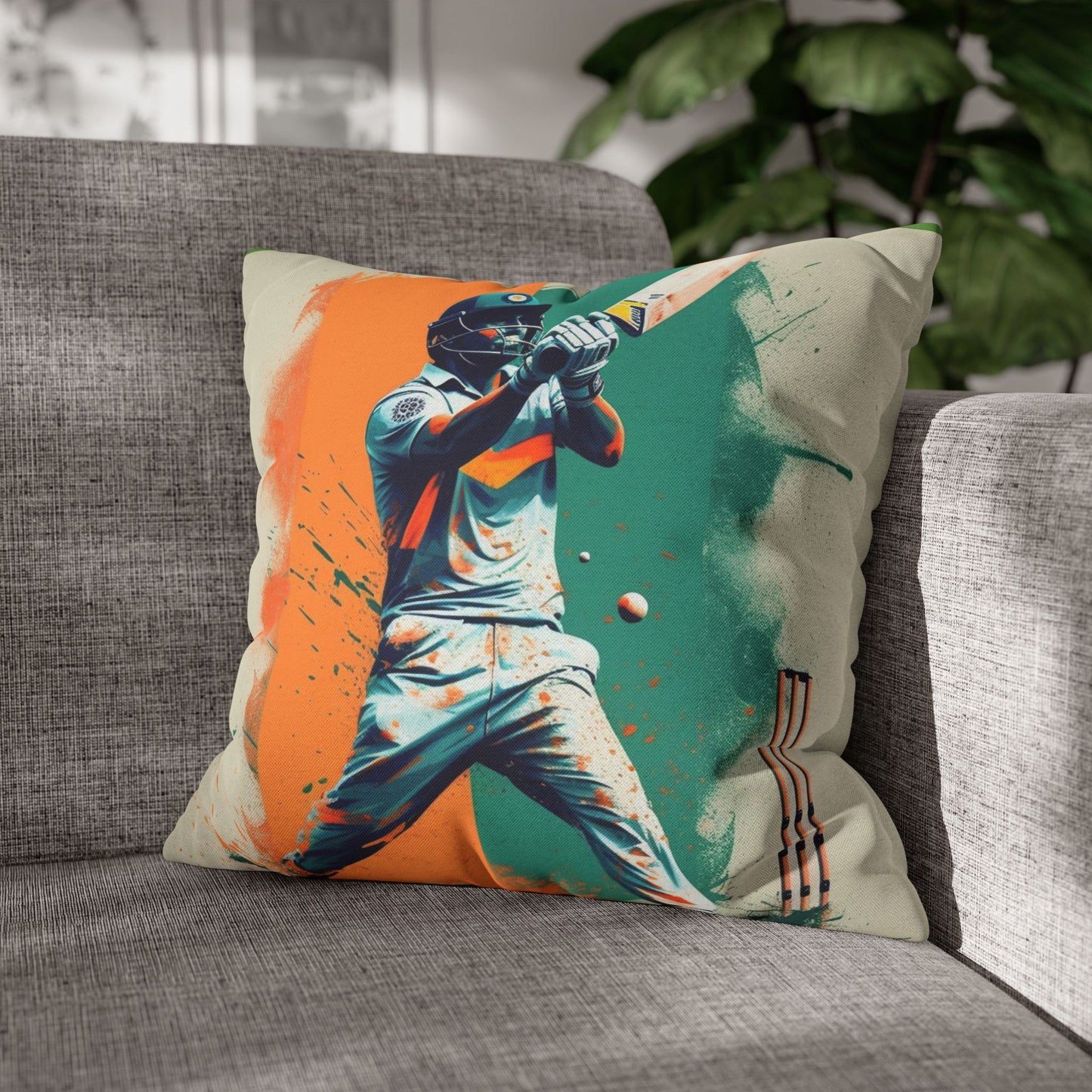 Cricket Batsman, Ball Strike, Indian Flag Color Background - Street Style - Spun Polyester Square Pillow Case