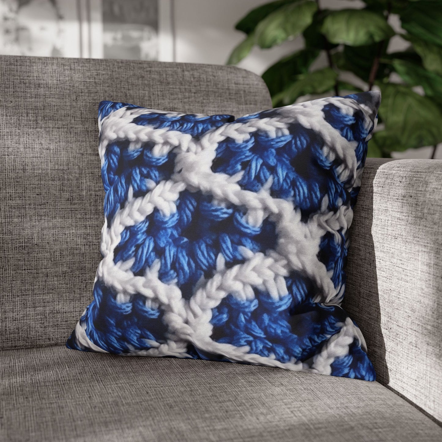 Blueberry Blue Crochet, White Accents, Classic Textured Pattern - Spun Polyester Square Pillow Case