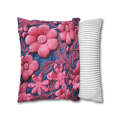 Denim Blue Doll Pink Floral Embroidery Style Fabric Flowers - Spun Polyester Square Pillow Case