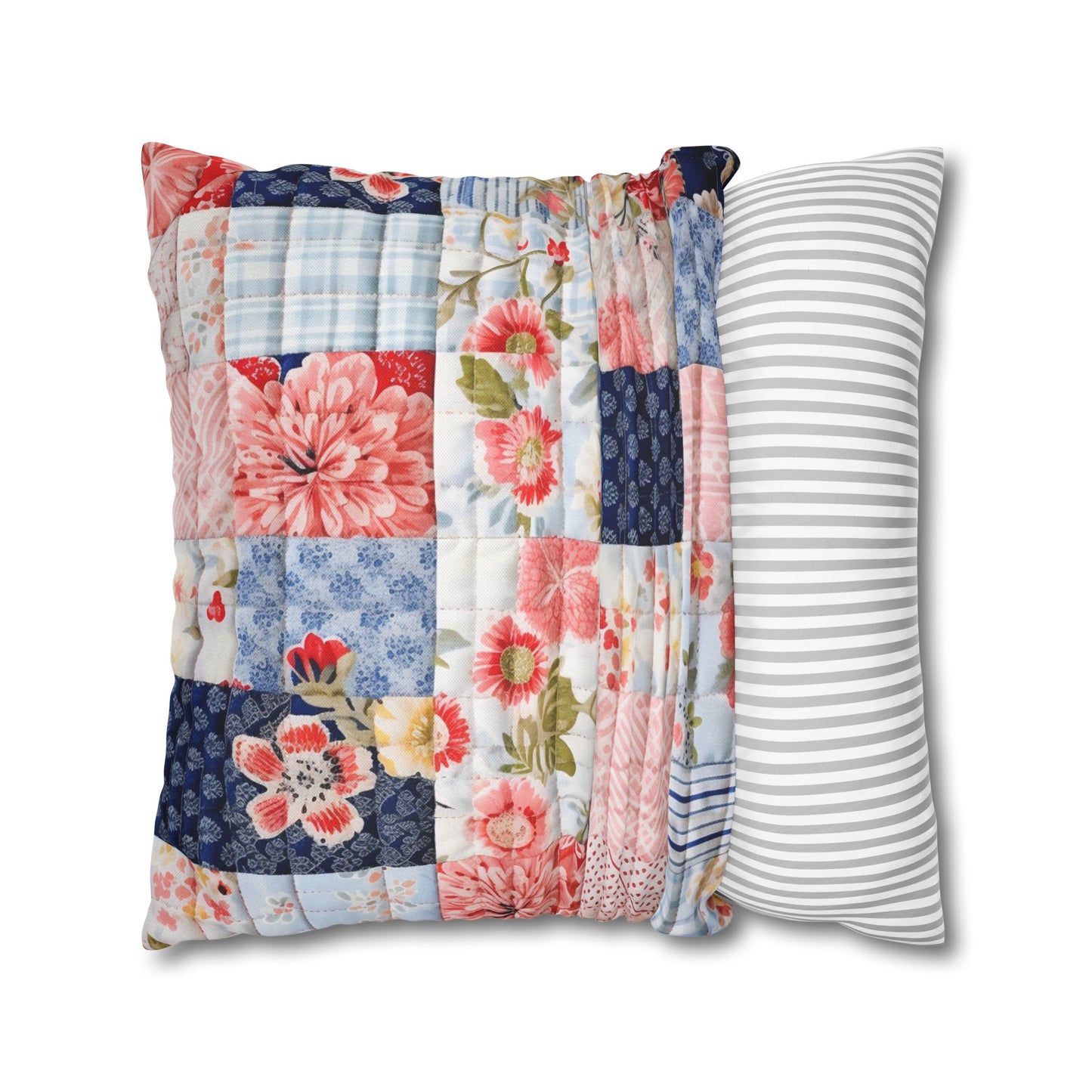 Floral Harmony Quilt, Blossom Patchwork, Blue and Pink Quilted Patterns, Garden Quilt, Soft Pastel Quilting Squares Design - Spun Polyester Square Pillow Case