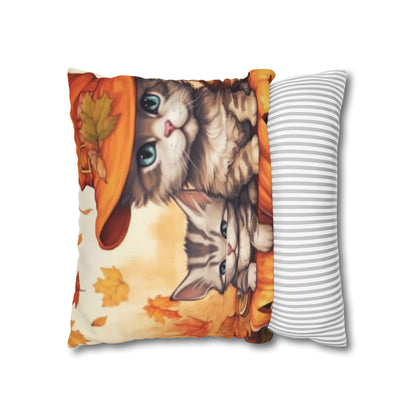 Kitty Cat Kittens Halloween - Cute Furries on Pumpkin - Festive Feline Decor - Spun Polyester Square Pillow Case