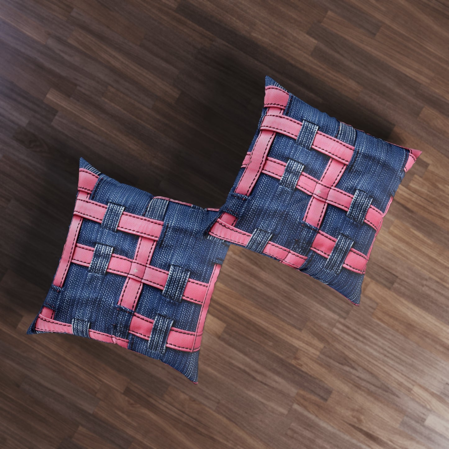 Candy-Striped Crossover: Pink Denim Ribbons Dancing on Blue Stage - Tufted Floor Pillow, Square