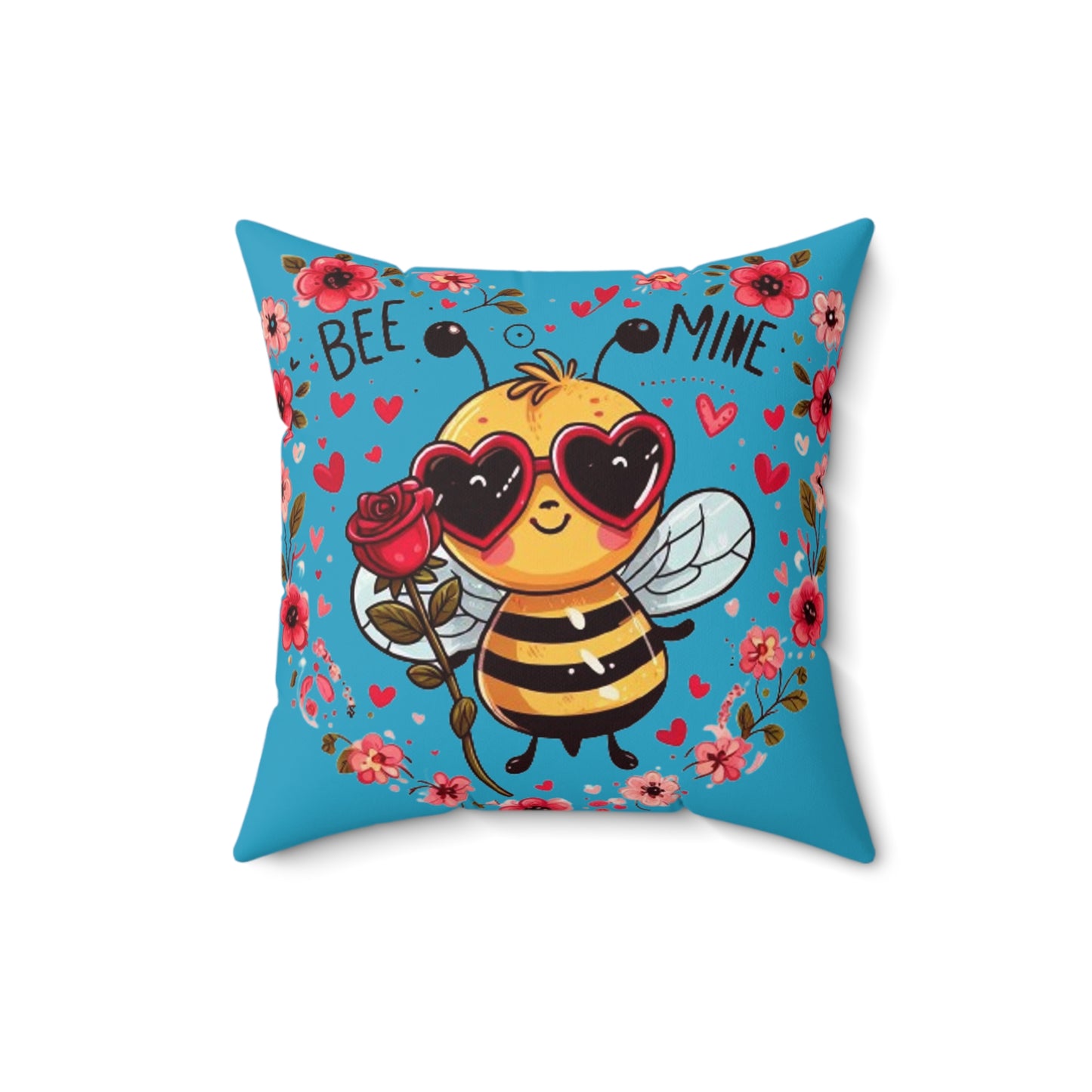 Whimsical Bee Love: Heartfelt Valentines Design with Floral Accents and Heart Sunglasses - Romantic - Spun Polyester Square Pillow