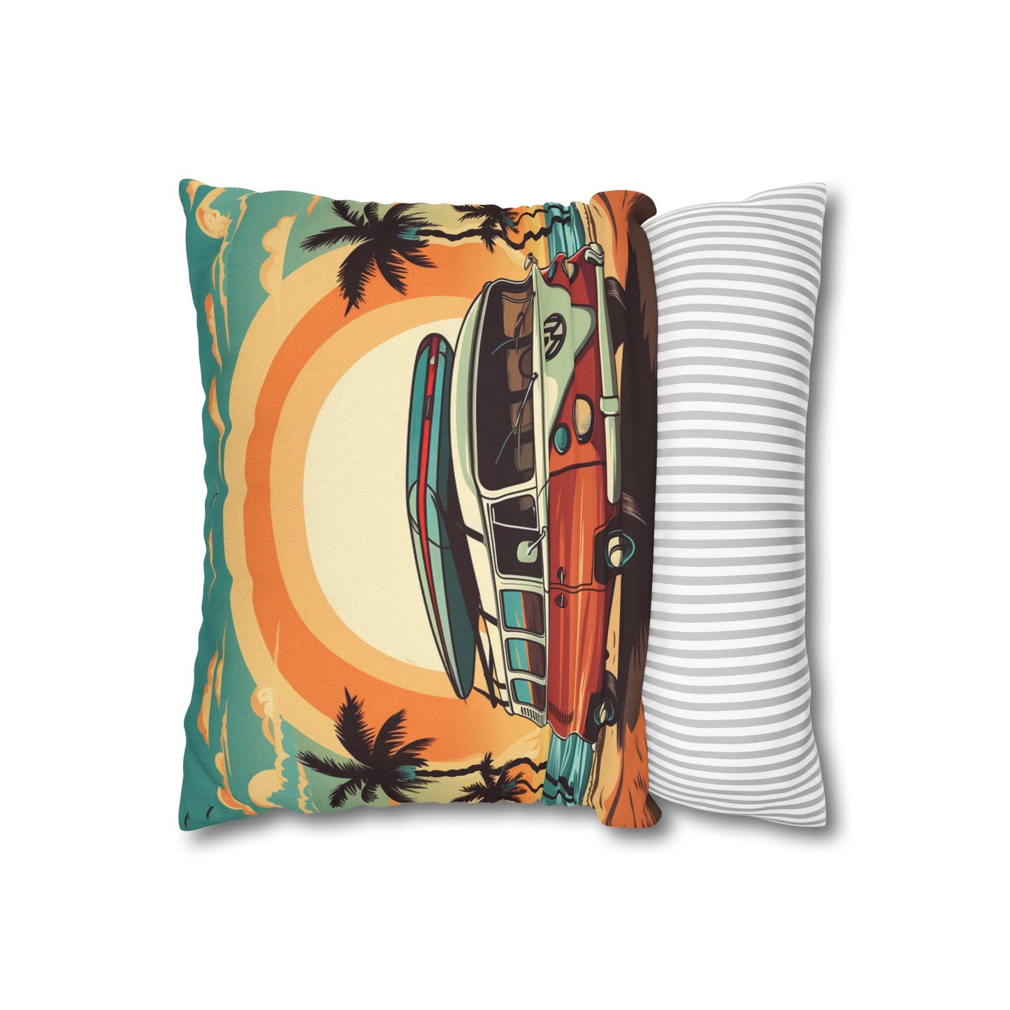 Retro Beach Camper Van - Sunset Surfboard Scene Spun Polyester Square Pillow Case