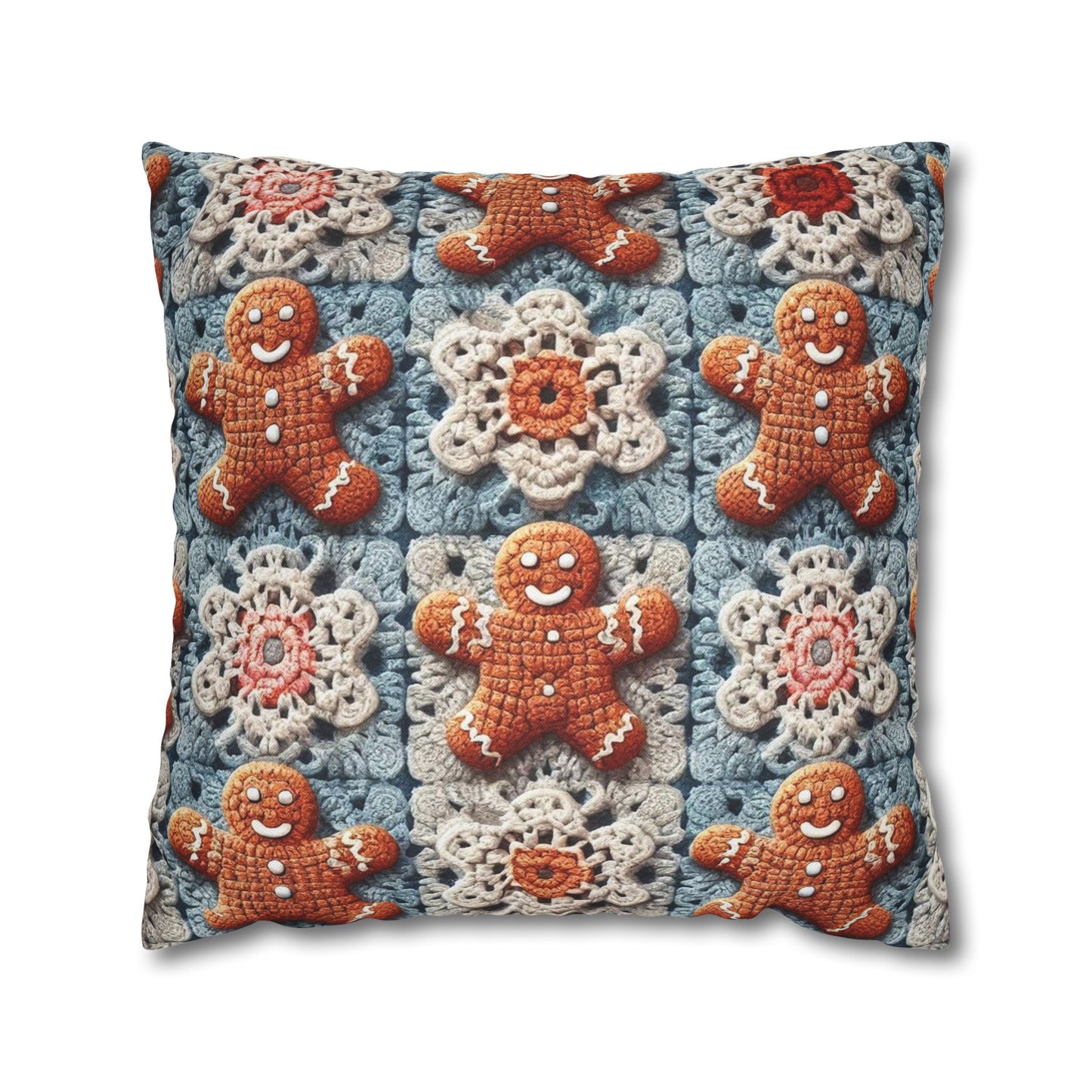 Christmas Holiday Delight: Crocheted Gingerbread Smile Pattern with Lace Snowflakes - Spun Polyester Square Pillow Case