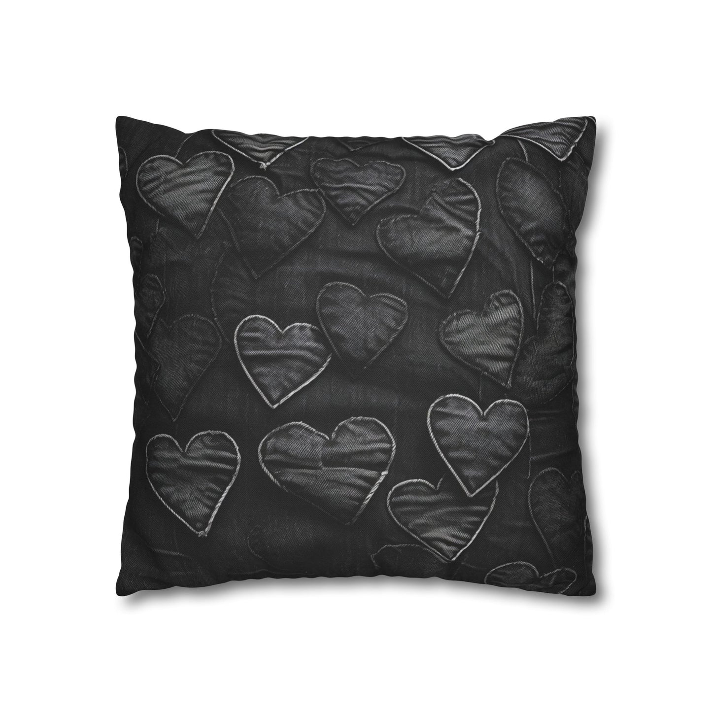 Black: Distressed Denim-Inspired Fabric Heart Embroidery Design - Spun Polyester Square Pillow Case