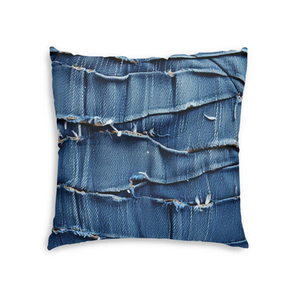 Midnight Blue Distressed Denim: Rugged, Torn & Stylish Design - Tufted Floor Pillow, Square