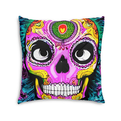 Trippy psychedelic Skull Skeleton Head Face Tufted Floor Pillow, Square