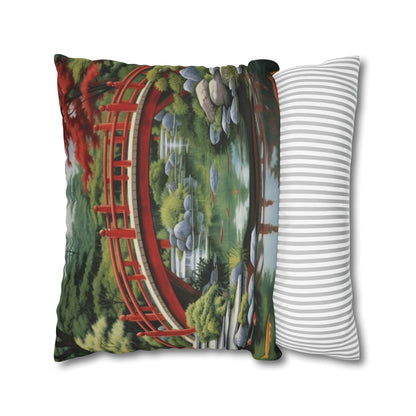 Japanese Garden Art - Tranquil Koi Pond Red Bridge Spun Polyester Square Pillow Case