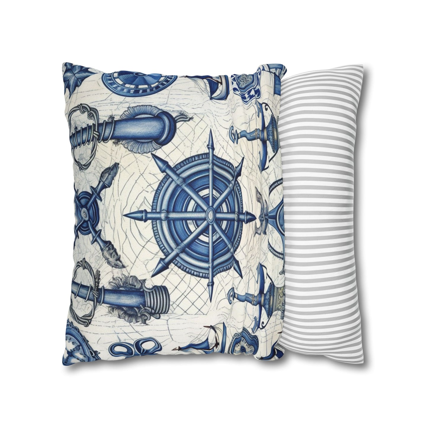 Nautical Theme Art - Anchors, Ropes, Compass Spun Polyester Square Pillow Case