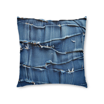 Midnight Blue Distressed Denim: Rugged, Torn & Stylish Design - Tufted Floor Pillow, Square