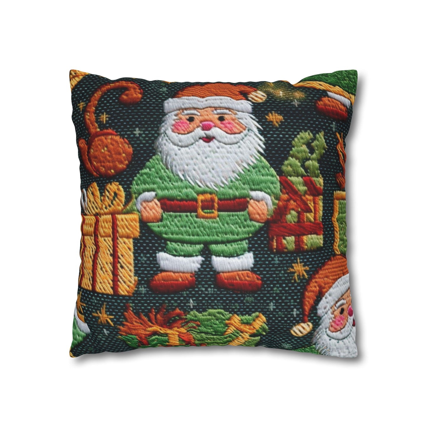 Christmas Santa Claus - Embroidered Presents - Festive Winter Wonderland - Deck the Halls Design - Spun Polyester Square Pillow Case