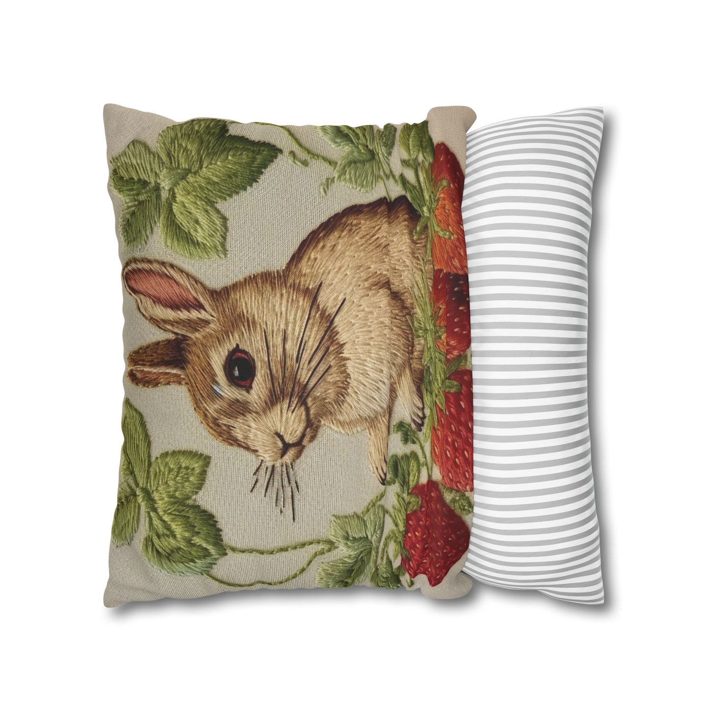 Strawberry Bunny Rabit - Embroidery Style - Strawberries Fruit Munchies - Easter Gift - Spun Polyester Square Pillow Case