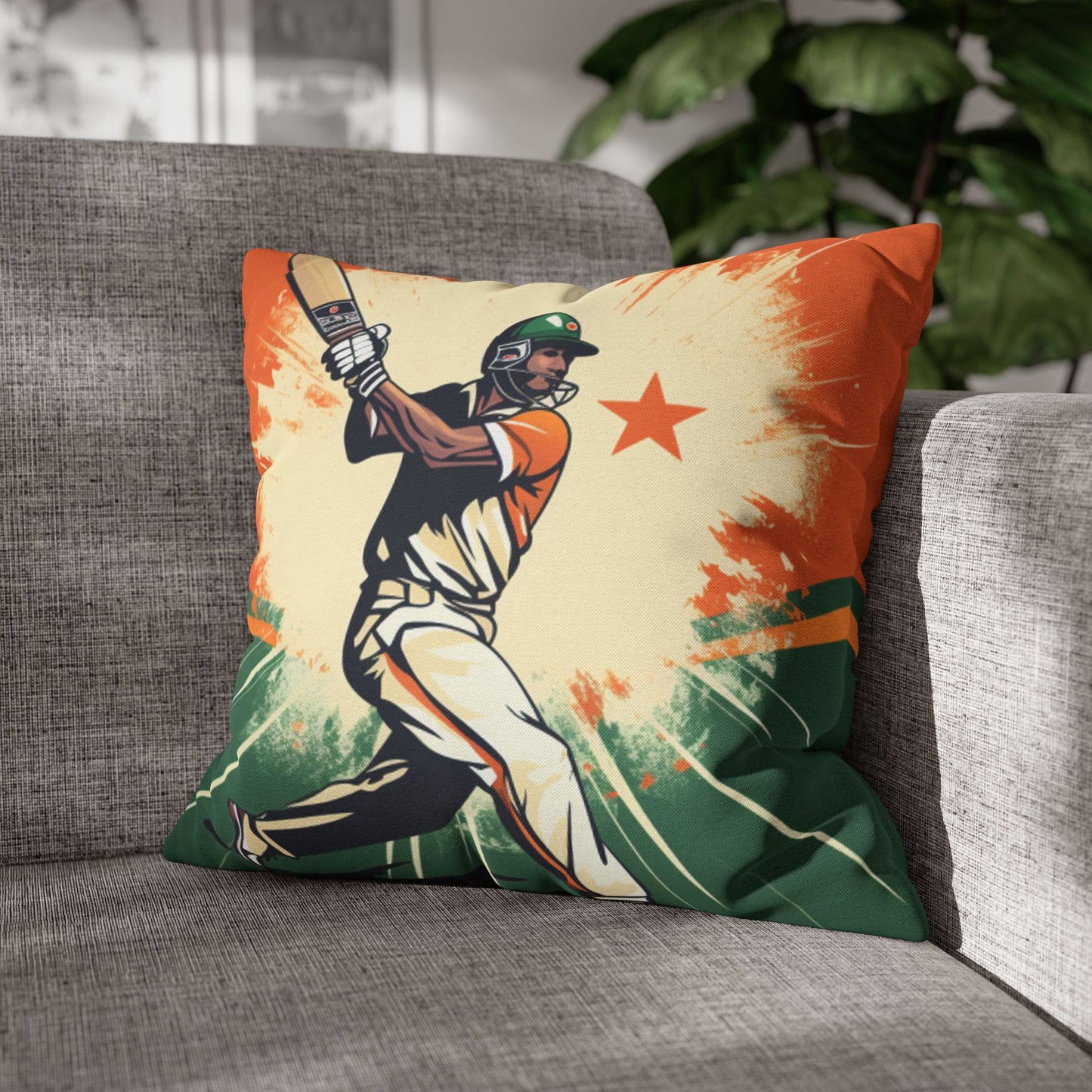 India Cricket Star: Batsman With Willow Bat, National Flag Style - Sport Game - Spun Polyester Square Pillow Case