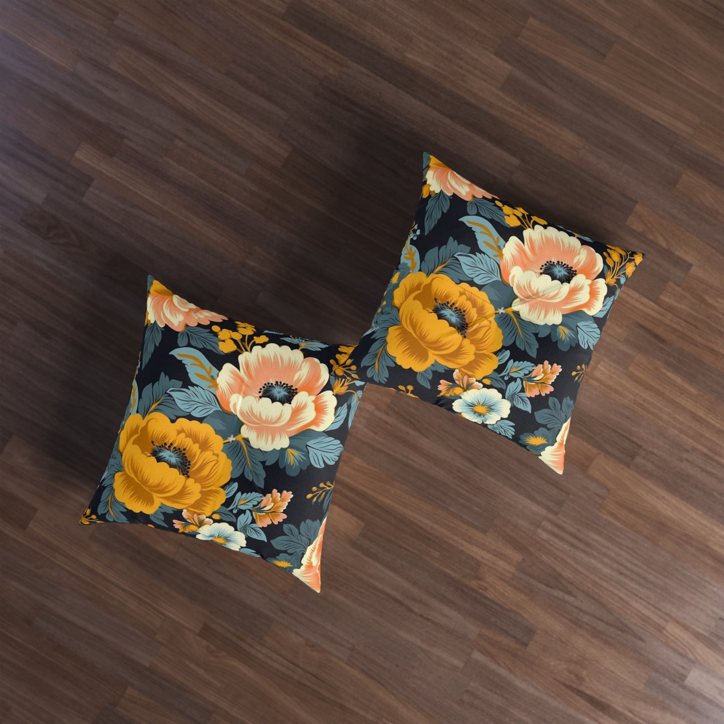 Vintage 50s 60s Inspired High-Waisted Floral Flower Pattern Tufted Floor Pillow, Square