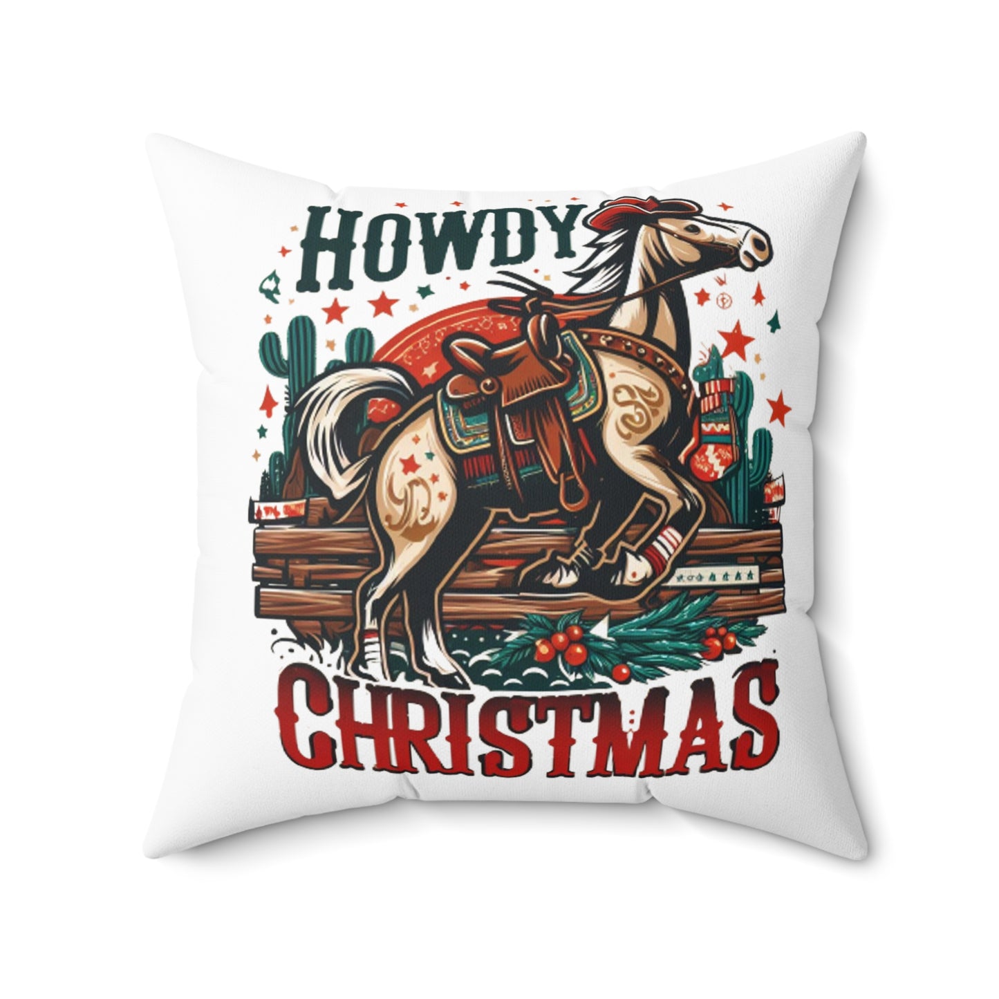 Old West Holiday Cheer - Cowboy Christmas with Festive Wreath and Star-Spangled Horse - Spun Polyester Square Pillow