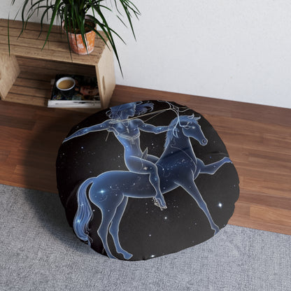 Sagittarius Zodiac in Starlit Universe - Fluorescent Colors - Tufted Floor Pillow, Round