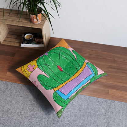 Desert Cactus Sumo Wrestler Graphic Tufted Floor Pillow, Square