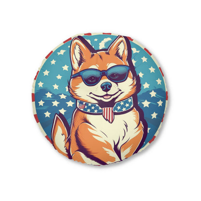 Patriotic Shiba Inu Retro Cartoon -Synthwave Summer Animation Tufted Floor Pillow, Round