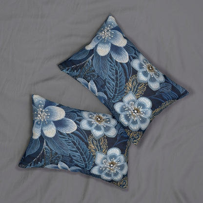 Flower Blossom Embroidery Floral on Denim Style - Spun Polyester Lumbar Pillow