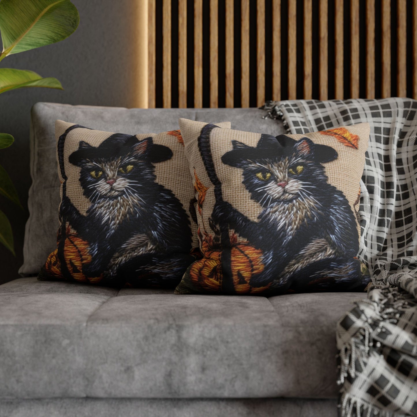 Halloween Cat Magic: Embroidered Style Feline with Pumpkins & Witch Hat - Spun Polyester Square Pillow Case