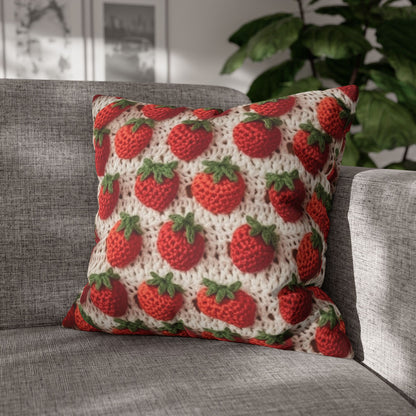 Strawberry Traditional Japanese, Crochet Craft, Fruit Design, Red Berry Pattern - Spun Polyester Square Pillow Case