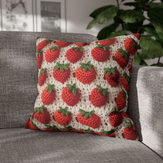 Strawberry Traditional Japanese, Crochet Craft, Fruit Design, Red Berry Pattern - Spun Polyester Square Pillow Case