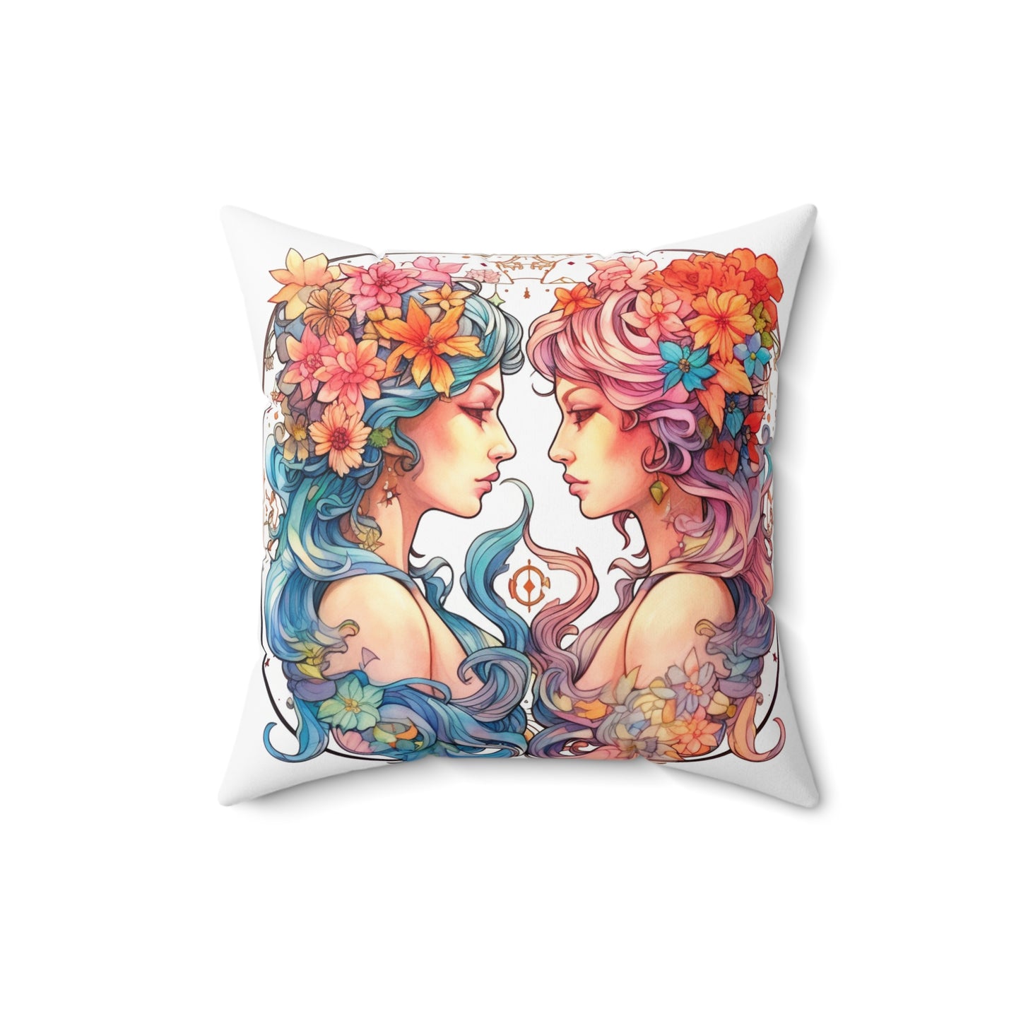 Zodiac Gemini Clipart - Twins Symbol, Whimsical Comic Style - Spun Polyester Square Pillow