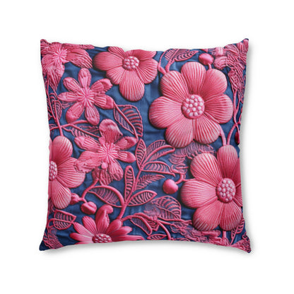 Denim Blue Doll Pink Floral Embroidery Style Fabric Flowers - Tufted Floor Pillow, Square