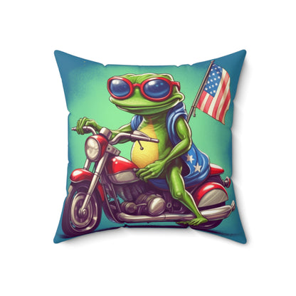 Frog Cartoon Anime USA Patriotic Motorcycle Rider Graphic Spun Polyester Square Pillow