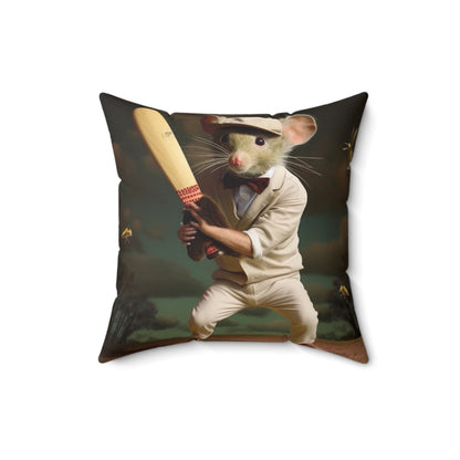 Mouse Cricket Batting, Wicket, Ball Hitting Stump, Howzat Moment - Spun Polyester Square Pillow