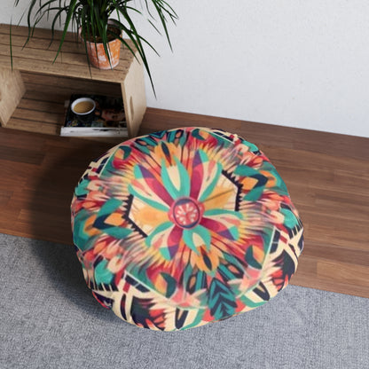 Boho Vibes: Handmade Summer Bohemian Print Pattern Artwork Tufted Floor Pillow, Round