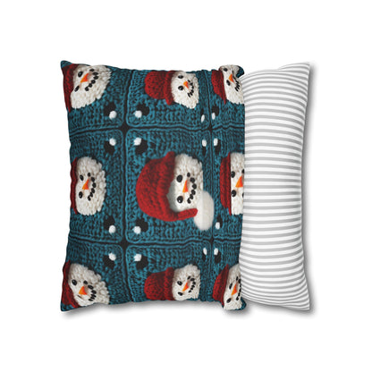 Snowman Crochet Craft, Festive Yuletide Cheer, Winter Wonderland - Spun Polyester Square Pillow Case