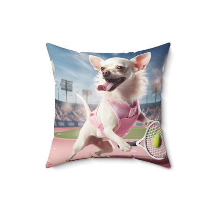 Chihuahua Tennis Ace: Dog Pink Outfit, Court Atheletic Sport Game - Spun Polyester Square Pillow